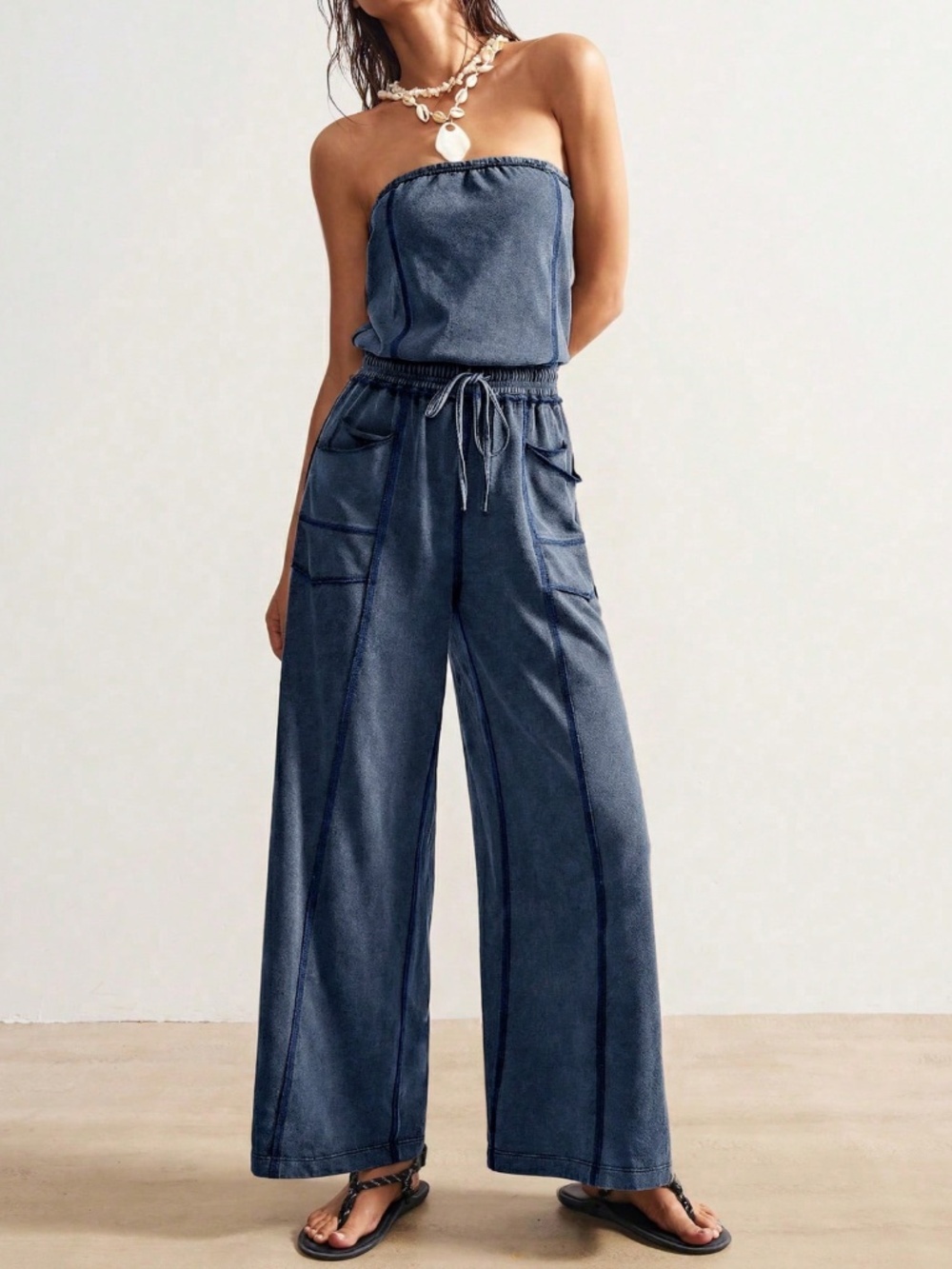 Cotton Blend Strapless Blue Boho Wide Leg Jumpsuit with Pockets - Picture 7 of 8